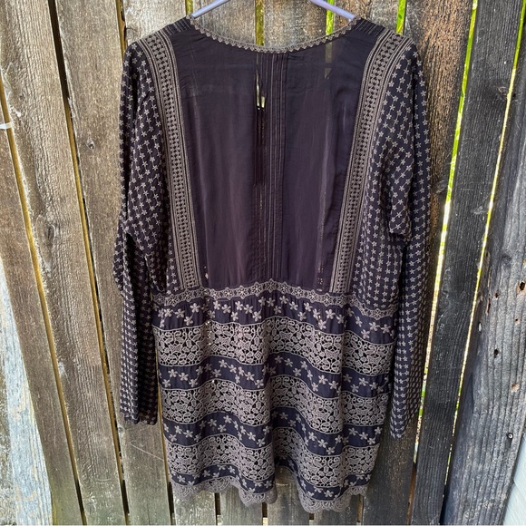 Johnny Was Brown Cupra Rayon Eyelet Lace & Embroidered Long Sleeve Tunic Sz M - Picture 2 of 16